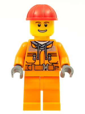 Construction Worker - Male, Orange Safety Jacket, Reflective Stripe, Sand Blue Hoodie, Orange Legs, Red Construction Helmet, Thin Grin with Teeth (cty0549)