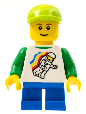 Classic Space Minifigure Floating Pattern, Blue Short Legs, Lime Short Bill Cap, Reddish Brown Eyebrows (twn131b)