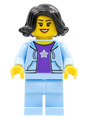 Woman, Black Hair, Bright Light Blue Jacket, Dark Purple Star Shirt, Bright Light Blue Legs (hol261)