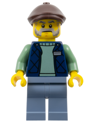 Corner Kiosk Vendor - Male, Dark Blue Bodywarmer over Sand Green Sweater, Sand Blue Legs, Dark Brown Flat Cap (gen190)