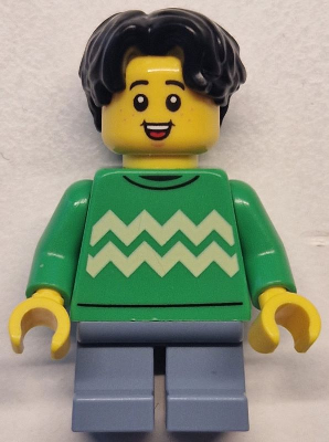 Child - Boy, Bright Green Sweater with Bright Light Yellow Zigzag Lines, Sand Blue Short Legs, Black Hair Wavy, Freckles (twn499)