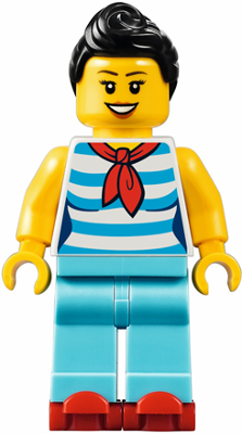 Downtown Diner Waitress - Female, Dark Azure and White Striped Shirt with Red Scarf, Medium Azure Legs, Black Ponytail, Red Roller Skates (twn312)