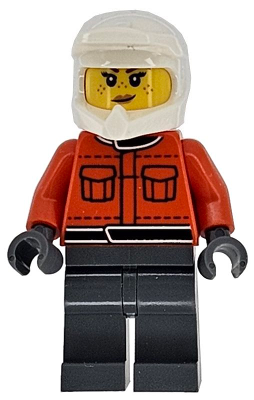Formula 1 Pit Crew Member - Female, Reddish Orange Racing Suit with Pockets, Dark Bluish Gray Legs, White Dirt Bike Helmet, Freckles (cty1864)