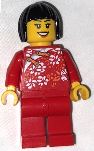 LEGO Brand Store - Female, Red Qipao and Legs, Black Bob Cut Hair, 'LEGO Store 2021' on Back (tls128)