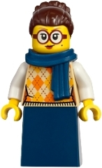 Vampire Castle Visitor - Female, Tan Knit Argyle Sweater Vest, Dark Blue Skirt, Dark Brown Hair, Dark Blue Scarf (bdp232)
