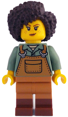 Gardener - Female, Medium Nougat Overalls over Sand Green Shirt, Reddish Brown Boots, Dark Brown Hair (idea212)