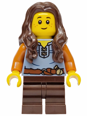 Mushroom Village - Female, Sand Blue Vest, Dark Brown Medium Legs, Dark Brown Long Wavy Hair (bdp245)