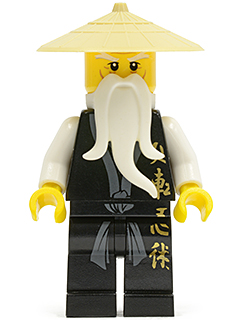 Wu Sensei - Black Kimono with Gold Symbols, Dark Bluish Gray Sash, Tan Asian Hat, White Beard (njo0026)