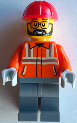 Construction Worker - Male, Reddish Orange Safety Jacket with Reflective Stripes, Dark Bluish Gray Legs, Red Construction Helmet, Beard (cty1936)