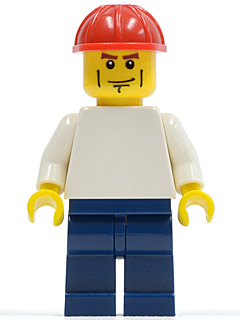 Plain White Torso with White Arms, Dark Blue Legs, Red Construction Helmet, Vertical Cheek Lines (pln156)