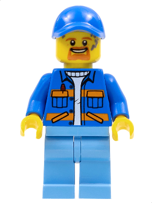 Garbage Worker - Male, Blue Jacket with Diagonal Lower Pockets and Orange Stripes, Medium Blue Legs, Blue Cap with Hole, Goatee and Splotches (cty0956)