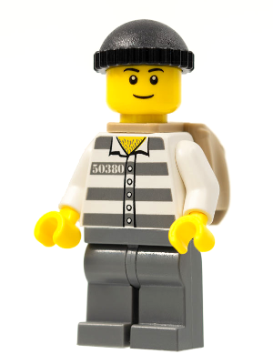 Police - Jail Prisoner 50380 Prison Stripes, Dark Bluish Gray Legs, Black Knit Cap, Black Eyebrows, Thin Grin, Backpack (cty0222a)