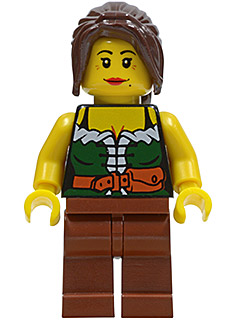 Gold Prospector - Female, Dark Green Corset, Reddish Brown Legs, Dark Brown Ponytail, Red Lips (edu022)