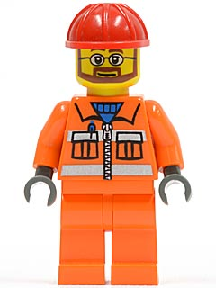Construction Worker - Orange Zipper, Safety Stripes, Orange Arms, Orange Legs, Red Construction Helmet, Beard and Glasses (cty0032)