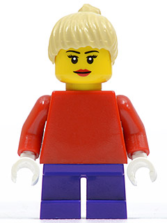 Plain Red Torso with Red Arms, Dark Purple Short Legs, Tan Female Ponytail Hair, Black Eyebrows (twn090a)