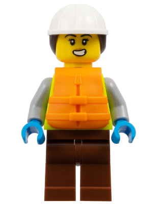 Dock Worker - Female, Neon Yellow Safety Vest with Reflective Stripes, Reddish Brown Legs, White Construction Helmet with Dark Brown Ponytail Hair, Orange Life Jacket (cty1795)