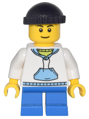 Child - Boy, White Hoodie with Medium Blue Pocket, Blue Short Legs, Black Knit Cap (cty0438)