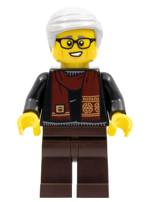 Grandfather, Black Shirt with Dark Red Scarf, Dark Brown Legs, Light Bluish Gray Hair (hol264)