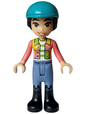Friends Liann - Coral Patchwork Jacket, Sand Blue Trousers, Black Boots, Dark Turquoise Horse Riding Helmet (frnd0734)