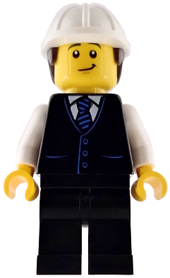 Construction Engineer / Architect - Male, Black Vest with Blue Striped Tie, Black Legs, White Construction Helmet with Dark Brown Hair, Lopsided Grin (cty1971)
