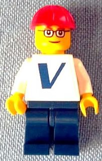 Plain White Torso with Vestas Logo (Sticker) with White Arms, Dark Blue Legs, Red Construction Helmet, Glasses (pln155s)