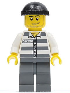 Police - Jail Prisoner 50380 Prison Stripes, Dark Bluish Gray Legs, Black Knit Cap, Smirk and Stubble Beard (cty0200)