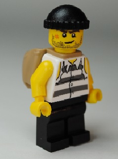 Police - Jail Prisoner Shirt with Prison Stripes and Torn out Sleeves, Black Legs, Black Knit Cap, Open Backpack (jail005)