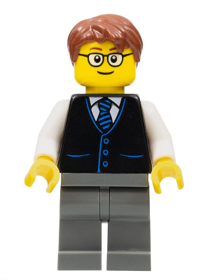 Launch Director - Male, Black Vest with Blue Striped Tie, Dark Bluish Gray Legs, Reddish Brown Short Tousled Hair, Glasses (cty1057)