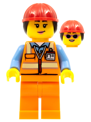 Airport Luggage Handler - Female, Orange Safety Vest with Reflective Stripes, Orange Legs, Red Construction Helmet with Dark Brown Ponytail Hair (cty0950)