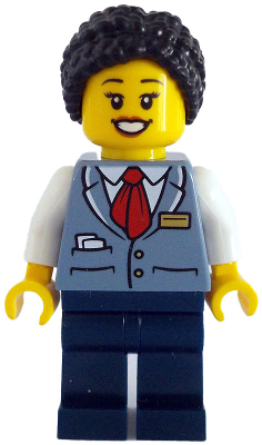 Tram Driver - Female, Sand Blue Vest, Dark Blue Legs, Black Hair Braided with Knot Bun (cty1781)