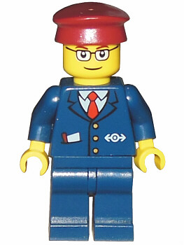 Dark Blue Suit with Train Logo, Dark Blue Legs, Dark Red Hat, Rectangular Glasses - Passenger Train Engineer (trn115)