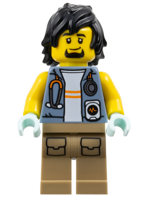 City Jungle Explorer Medic - Male, Sand Blue Vest with Stethoscope, Dark Tan Legs with Pockets, Goatee and Black Hair (cty1776)