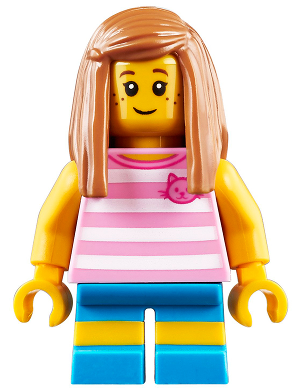 Child - Girl, Bright Pink Striped Shirt with Cat Head, Dark Azure Short Legs with Molded Yellow Stripes, Medium Nougat Long Hair, Freckles (cty0907)