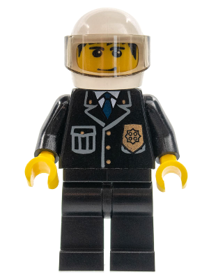 Police - City Suit with Blue Tie and Badge, Black Legs, White Helmet, Trans-Brown Visor, Smile (cty0092)