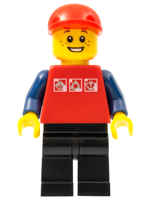 Red Shirt with 3 Silver Logos, Dark Blue Arms, Black Legs, Red Short Bill Cap, Freckles (cty0447)