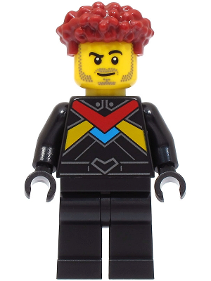 Race Car Driver - Male, Black Racing Suit with Red, Dark Azure and Bright Light Orange Stripes, Dark Red Hair (cty1670)