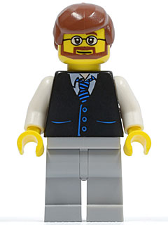 Black Vest with Blue Striped Tie, Light Bluish Gray Legs, White Arms, Reddish Brown Male Hair, Beard and Glasses (twn048)