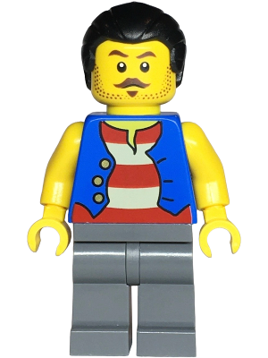 Pirate - Male, Blue Vest, Dark Bluish Gray Legs, Black Hair with Short Ponytail (bdp147)
