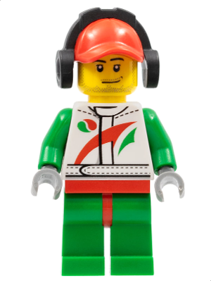 Race Car Mechanic, White Racing Suit with Octan Logo, Red Cap with Hole, Headphones, Smirk and Stubble Beard (cty0391)