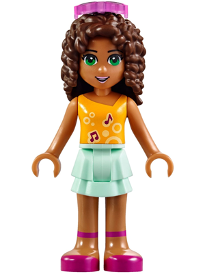 Friends Andrea - Light Aqua Layered Skirt, Bright Light Orange Top with Music Notes, Trans-Dark Pink Glasses (frnd0173)