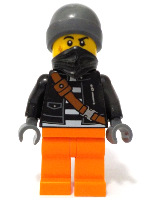 Police - City Bandit Crook Male, Black Jacket, Orange Legs, Dark Bluish Gray Beanie, Black Bandana (cty1737)