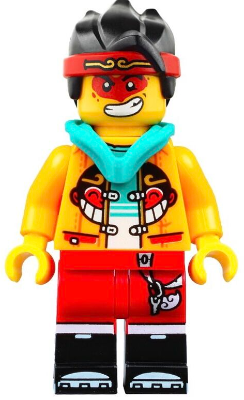 Monkie Kid - Bright Light Orange Open Jacket with Monkey Head Logo, Dark Turquoise Hood, Neutral / Angry with Red Face Paint (mk047)
