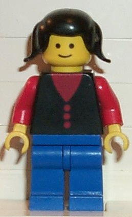 Shirt with 3 Buttons - Red, Red Arms, Blue Legs, Black Pigtails Hair (but026)
