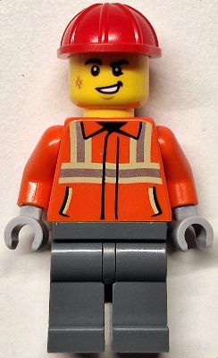 Construction Worker - Male, Reddish Orange Safety Jacket with Reflective Stripes, Dark Bluish Gray Legs, Red Construction Helmet, Lopsided Smile (cty1817)