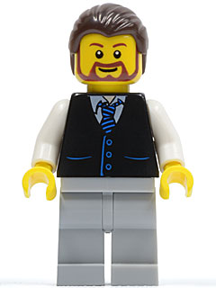 Black Vest with Blue Striped Tie, Light Bluish Gray Legs, White Arms, Dark Brown Hair, Brown Beard Rounded (twn135)