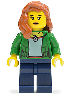 Green Female Jacket Open with Necklace, Dark Blue Legs, Dark Orange Female Hair over Shoulder (cty0545)