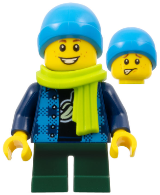 Child - Boy, Flannel Vest over Shirt with Banana, Dark Green Short Legs, Dark Azure Beanie, Freckles, Lime Scarf (twn383)
