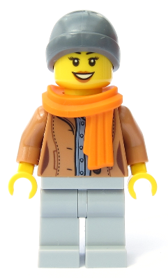 Customer - Female, Medium Nougat Jacket, Light Bluish Gray Legs, Dark Bluish Gray Beanie, Orange Scarf (cty1085)