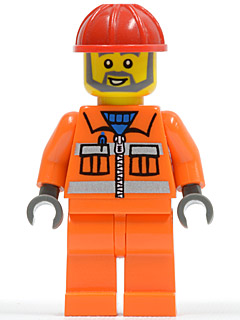 Construction Worker - Orange Zipper, Safety Stripes, Orange Arms, Orange Legs, Red Construction Helmet, Gray Angular Beard (con008)