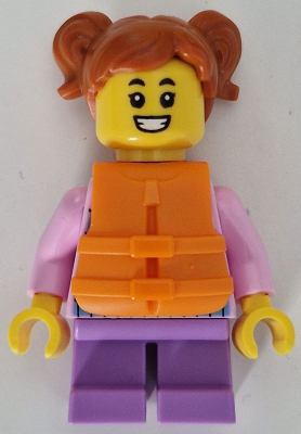 Child - Girl, Bright Pink Hoodie with Medium Blue and White Diagonal Stripes, Medium Lavender Short Legs, Dark Orange Hair with Pigtails, Orange Life Jacket (cty1740)
